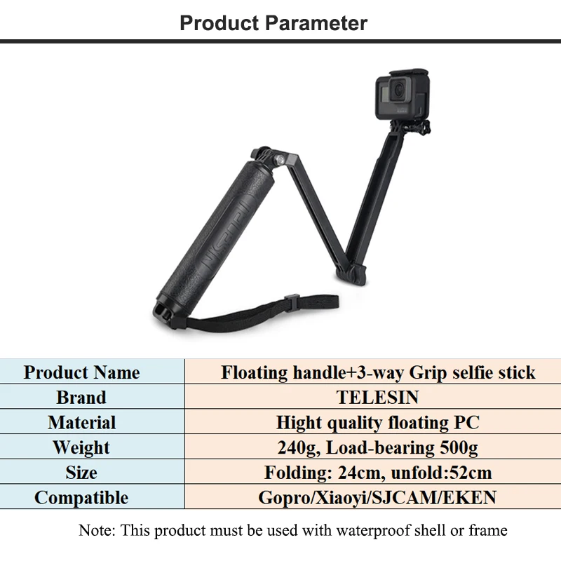 Телесин selfie палку штатив-монопод для серфинга с плавающей ручкой 3-полосная рукоятка Штатив для GoPro Hero iPhone 7 6 Plus 5 gopro7 yi 4k воды спортивной активности