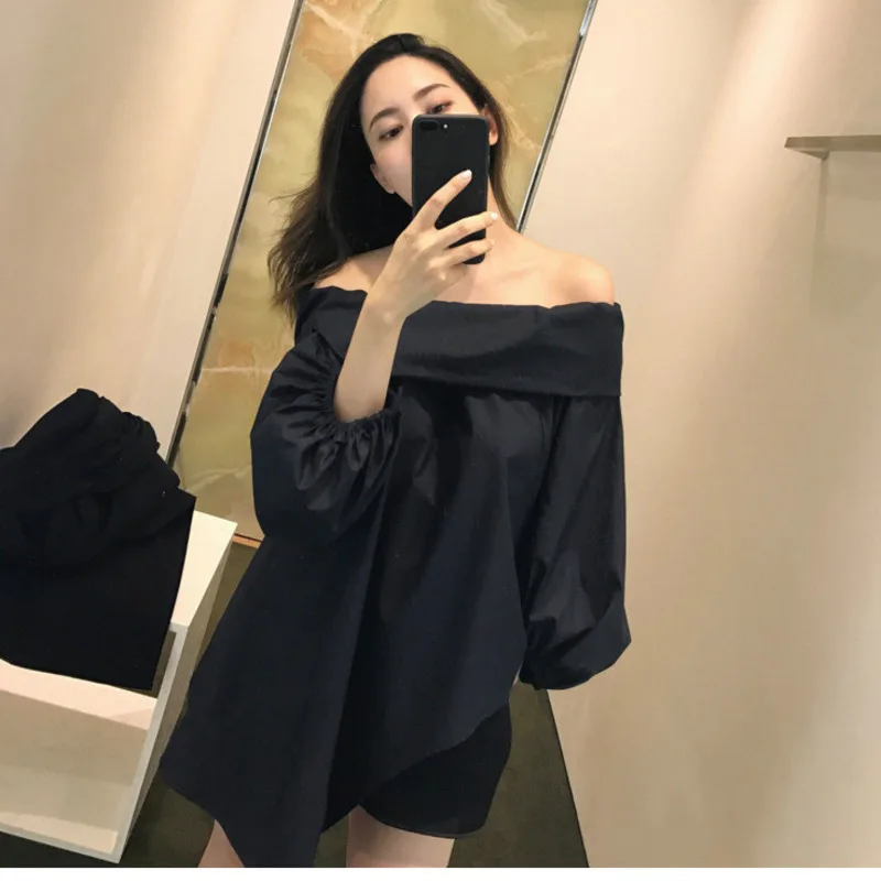 

[EWQ] Summer 2019 Fashion Slash Neck Three Quarter Sleeve Solid Asymmetrical Patchwork shirt Women Fashion Tide AG14101M