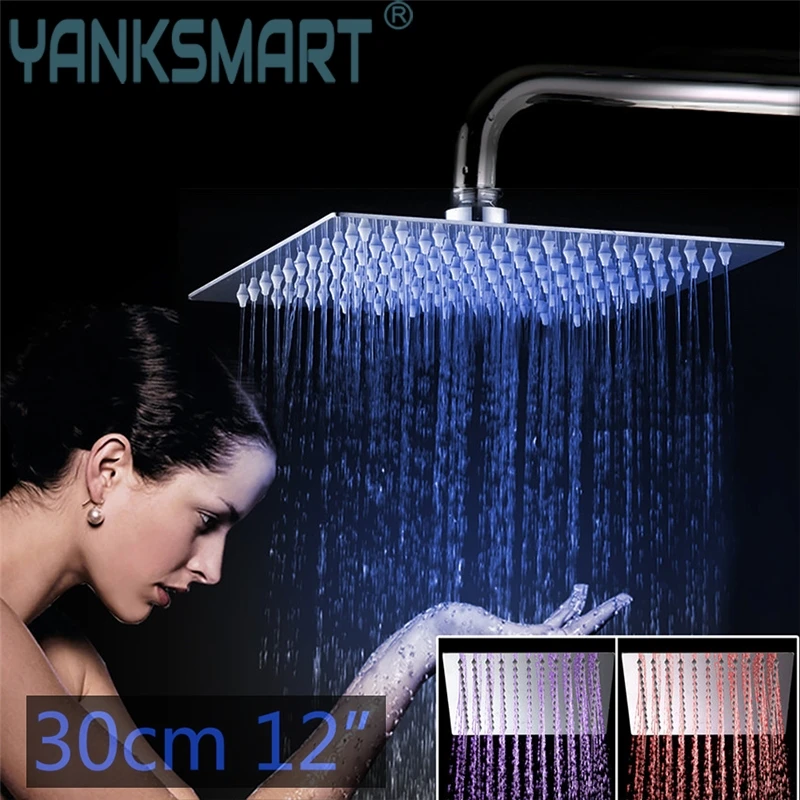 

YANKSMART Shower Set 3 Colors LED Luxury Square Rain 12" Shower Head WITH 6 Sprayer with 200MM Shower wall pipe shower-set