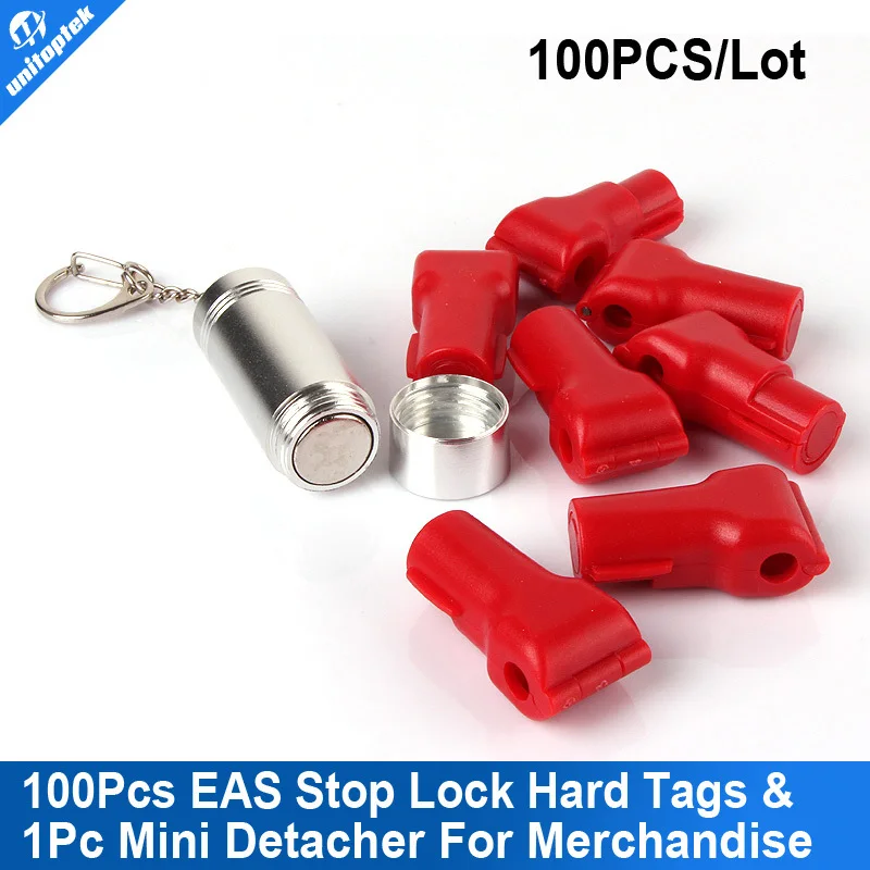 

100pcs Red EAS Security Hard Tag Supermarket Stop Lock And 1Pc Mini Detacher For Merchandise