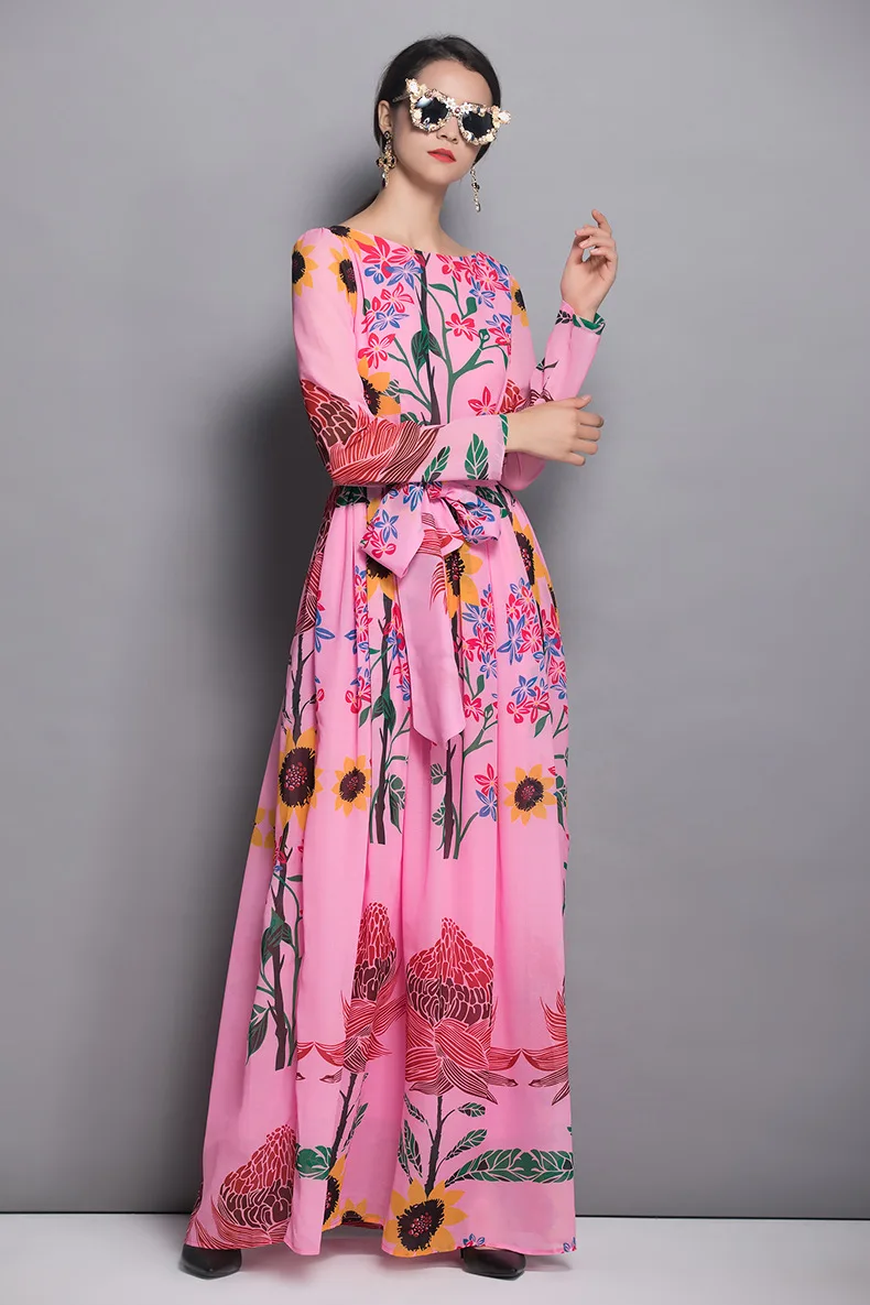 Qualité Floral Maxi Femmes Piste Parti Mode Haute Imprimé Robe D405 Rose Longues Boho Automne 2018 Manches Conception De fdRHq1
