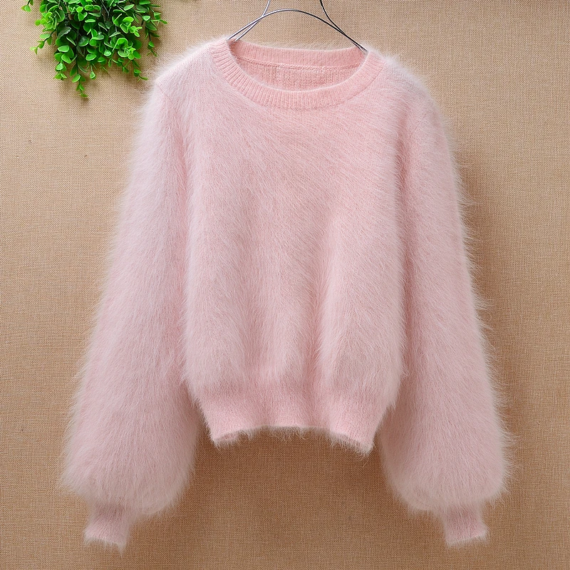 Женский милый розовый толстый теплый короткий свитер из меха кролика ангоры ручной вязки с круглым вырезом, тонкий пуловер, свитер из меха норки, бархатное пальто