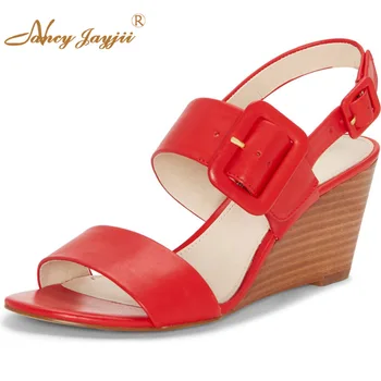 

Summer Red&Black Wedges Sandals Woman High Heels Large Size 12 13 Soft Leather Buckle Strap Open Toe For Ladies Footwear Casual