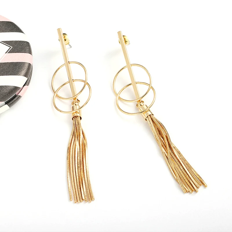 Women Gift Gold Plated Filled Jewelry Brand Ombre Tassel Earrings Long Chain Geometry Circle Drop Dangle Tassel Stud Earrings  (3)
