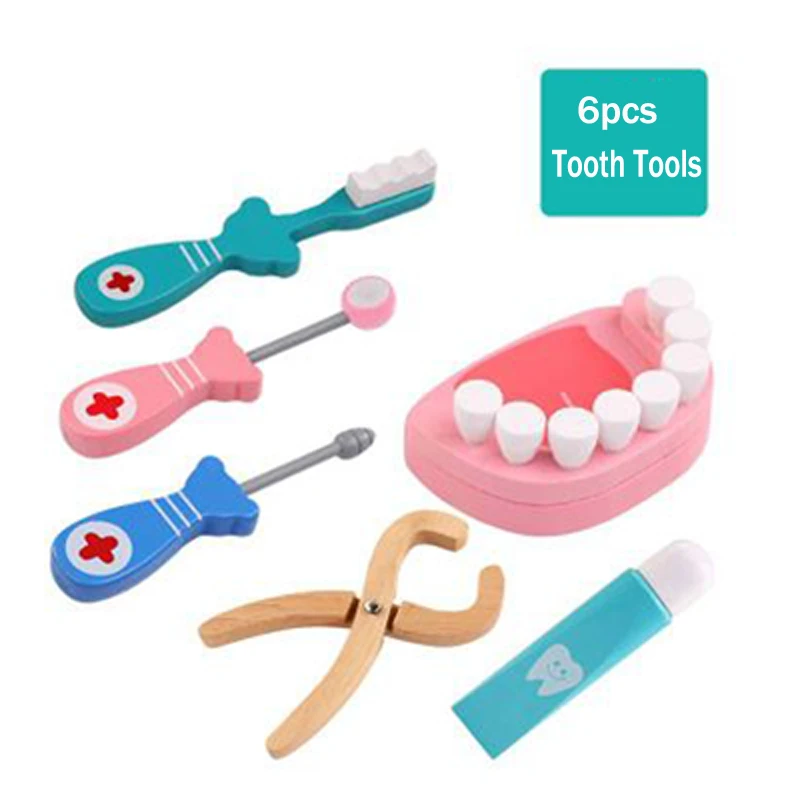 

6PCS Set Wooden toys Funny play Real Life Cosplay Doctor game toy Dental Pretend Doctor accessories Tools For Children Gifts