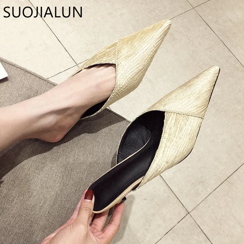 

SUOJIALUN/2019 женские тапочки на среднем каблуке, женская обувь с острым носком, женские шлепанцы, модные весенние женские уличные тапочки