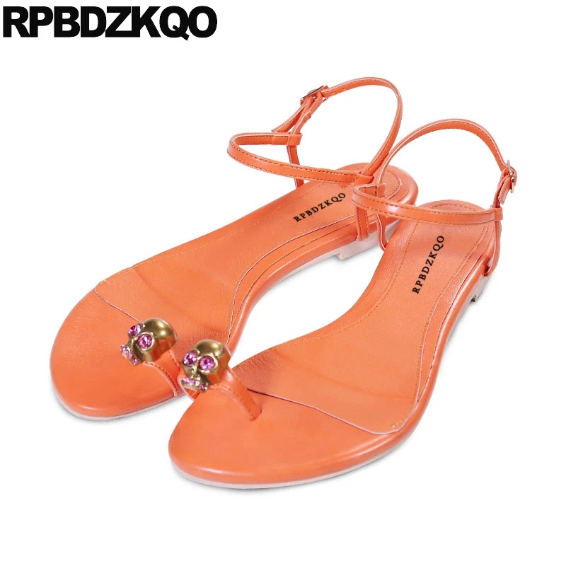 

Runway Toe Ring Two Strap Sandals Beach Rhinestone Flat Holiday 2018 Crystal Embellished Shoes Orange Diamond Women Skull