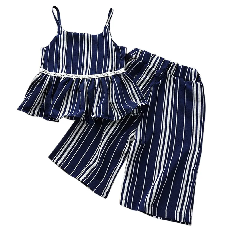 

Summer Girls Outfits Striped Print Sleeveless Strap +Long Pants Casual Clothing Sets