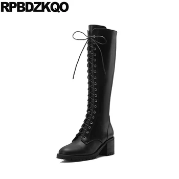 

Knee High Brand Women Winter Boots Genuine Leather Black Long Slim Riding Lace Up Chunky Equestrian Thick Fur Shoes Luxury Heel