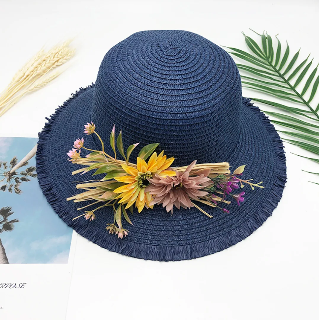 Новая Складная женская Соломенная пляжная летняя шляпа бежевого цвета, один размер - Цвет: Navy 2