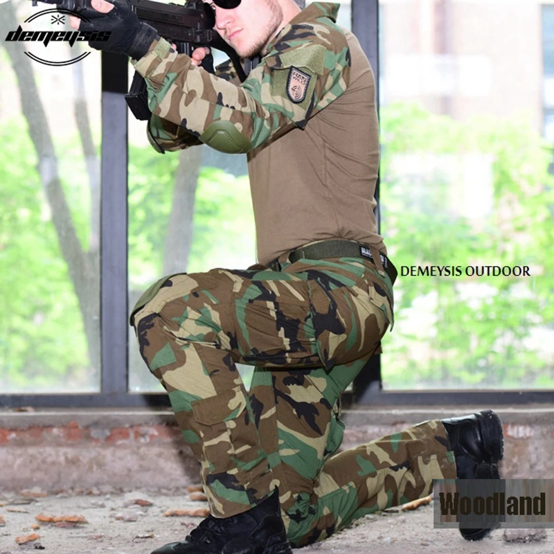 Wooldand Camouflage Military Uniform Clothes Suit Men US Army Multicam Hunting Military Combat Shirt + Cargo Pants Knee Pads