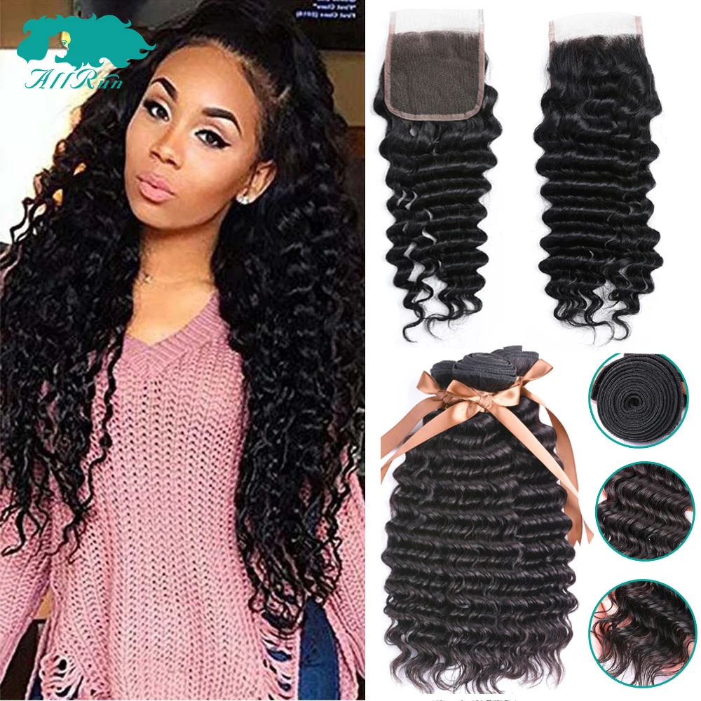 Allrun Deep Wave Bundles With Closure 3 Pcs Brazilian Hair Deep Wave