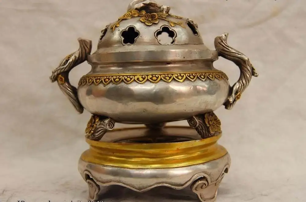 

Chinese Folk White Copper Silver Plum flower Aromatherapy Censer incense burner