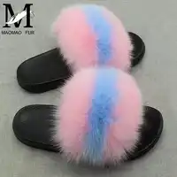 Fox Fur Slippers Women Real Fur Home Fluffy Sliders Plush Furry Summer Flats Sweet Ladies Large Size Hot Sale Cute Flops