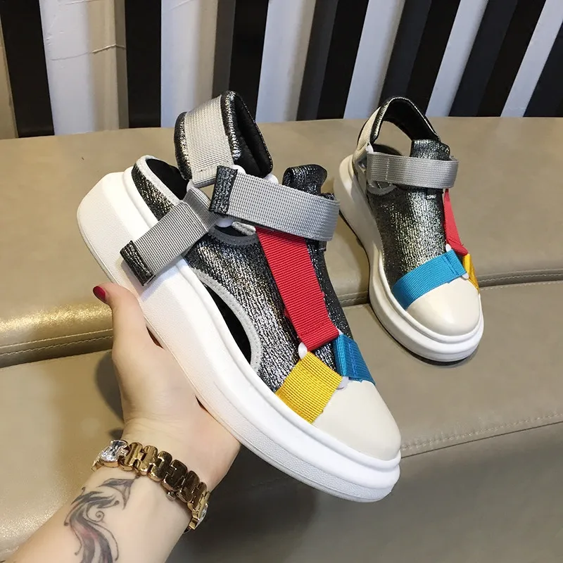 

Platform Shoes Woman Closed Toe Summer Gladiator Sandals Women Ankle Buckles Flats Patchwork Zapatos Mujer Lady Sandalias 2018