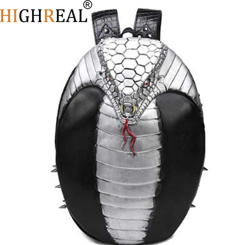 

Cool 3D Snake Backpack Men Rivet Fashion Shoulder Bag Waterproof PU Leather Bag Halloween New Style Black Gold Silver Bags