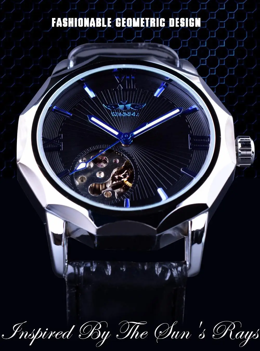 Топ бренд Winner синий океан геометрический дизайн Прозрачный Скелет циферблат Мужские часы Роскошные автоматические Модные механические часы - Цвет: Синий