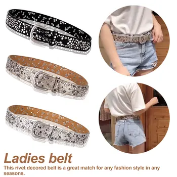 

Women's Studded Belts Split Leather PU Rivet Belt Fashion Rhinestone Female Leather Rock High Quality Women Strap For Jeans