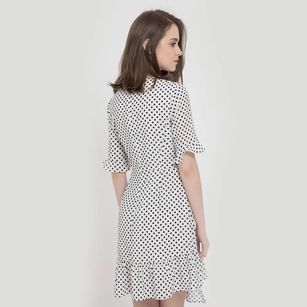  Xiaomi 10:07 elegant Fashion Bow Waist woman girl Polka dot V-neck Refreshing comfortable Female su