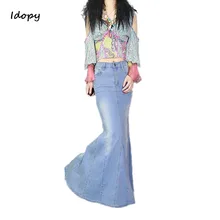 Idopy Для женщин джинсовая юбка Винтаж классический Стиль Элегантный Femme Фиштейл этаж Разделение Макси Русалка джинсовая юбка Saias Slim Fit