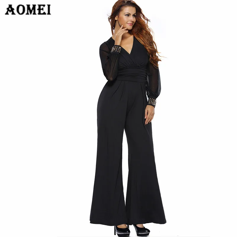 

Office Ladies Overalls Jumpsuits Sexy High Waist V Neck Wide Leg Pants Chiffon Summer Long Sleeve with Rivet Elegant Workwear
