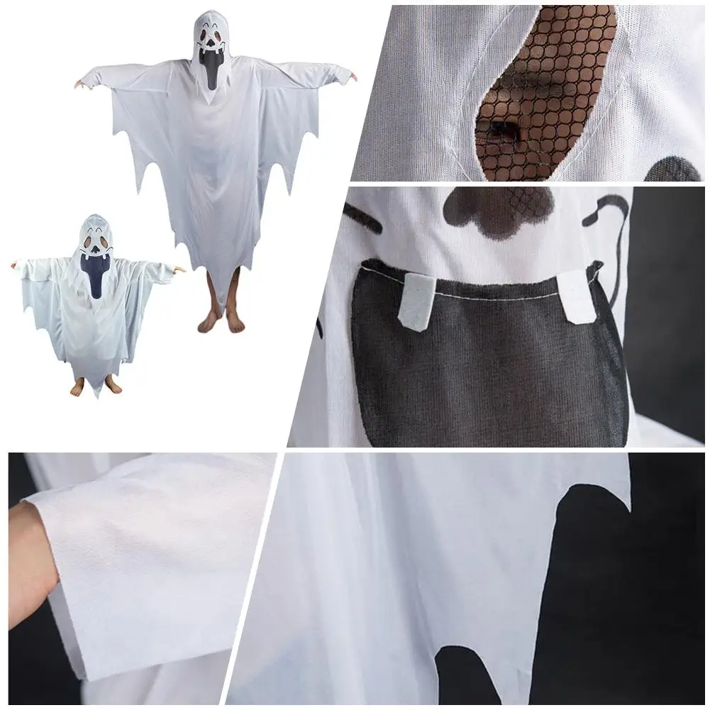 С белым приведением; Драный наряд с маской для девочек и мальчиков для детей; нарядное платье на Хэллоуин; костюм привидения Семья Косплэй