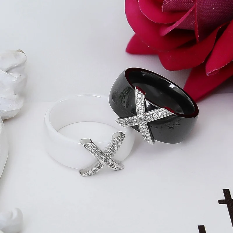

Fashion Jewelry Women Ring With Crystal Cross Ceramic Rings For Women Men Plus Wedding Ring Gift
