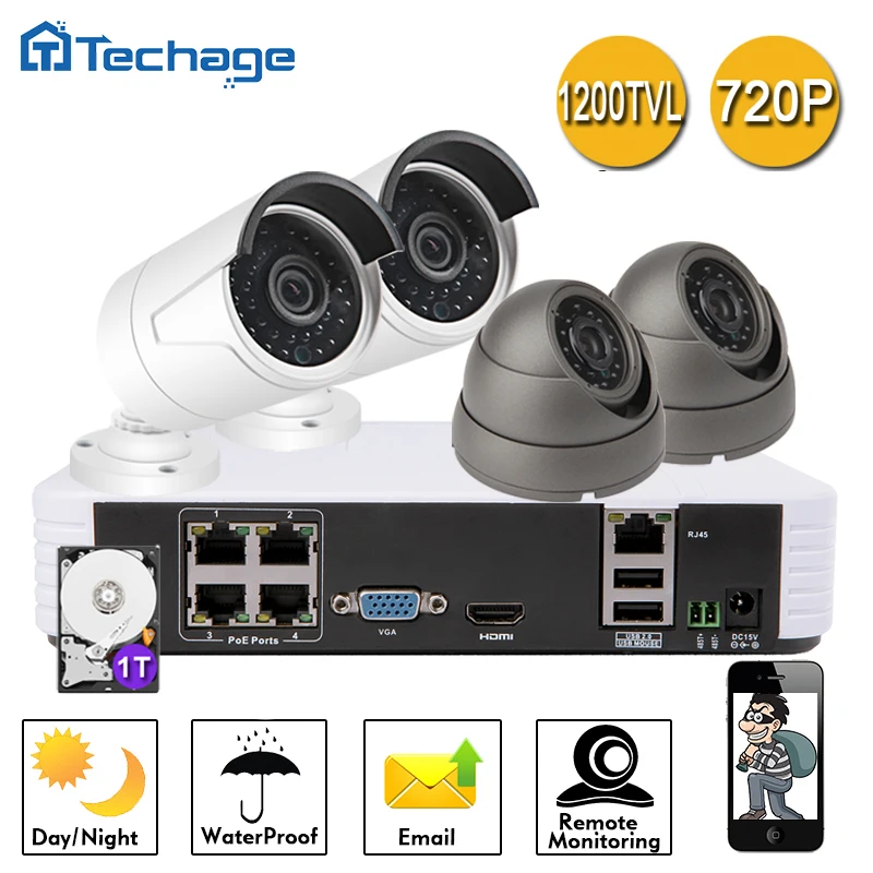 

Techage 4CH 720P POE NVR 1MP CCTV Security IP Camera 1200TVL Outdoor Indoor Waterproof Night vision Cam Home Surveillance Kit