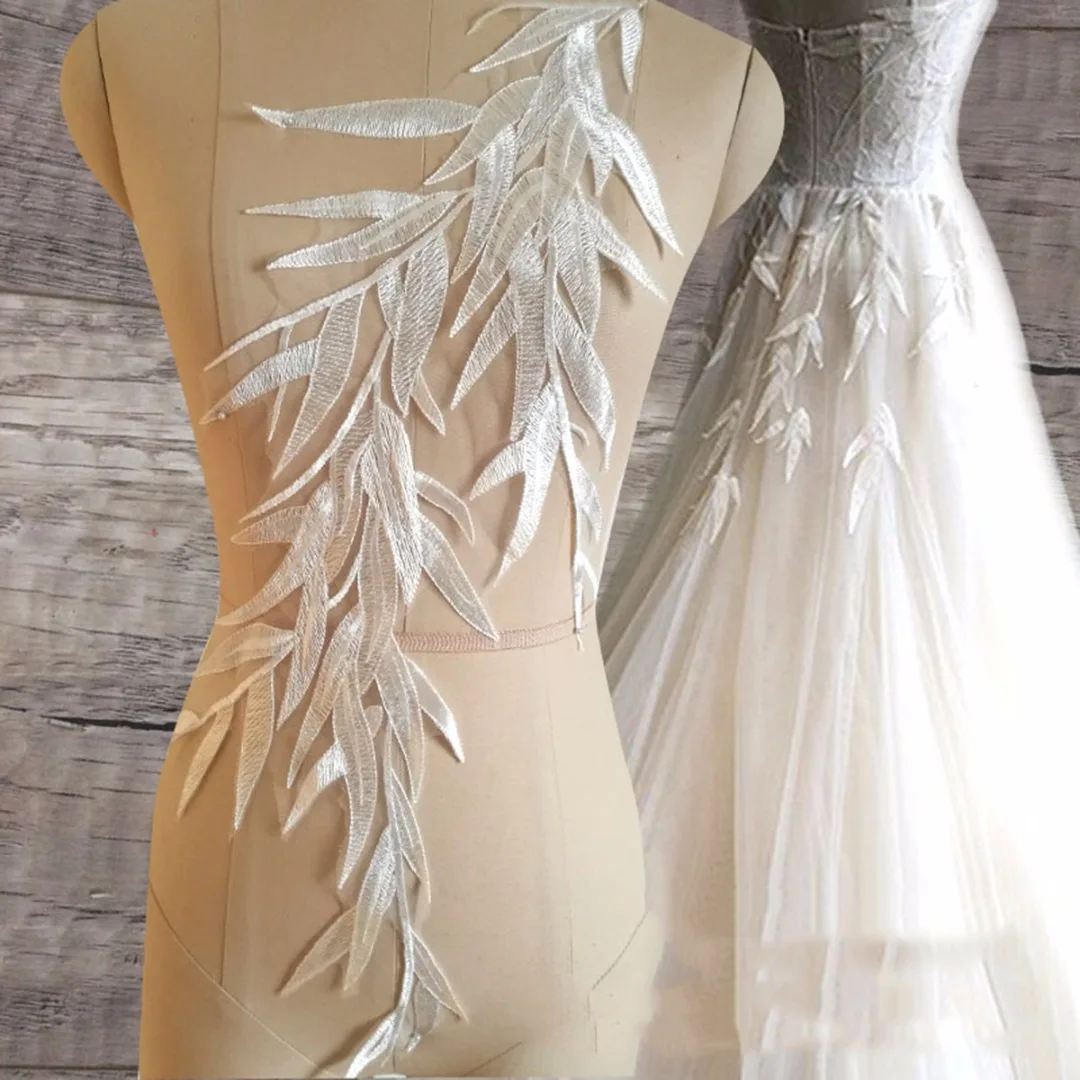 JX-LCLYL  New Large Leaf Embroidery Lace Applique Off White Back Bridal Tulle Motif Bamboo