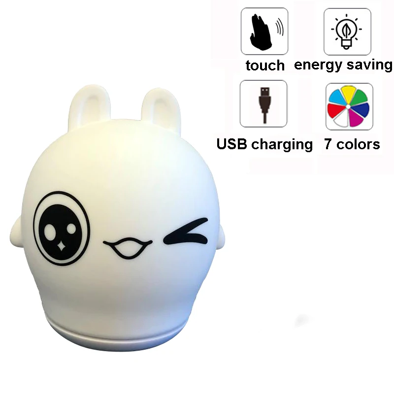 Милый кролик светодиодный ночник заряжаемый через usb силиконовый светильник с изображением животного для маленьких детей Touch Сенсор
