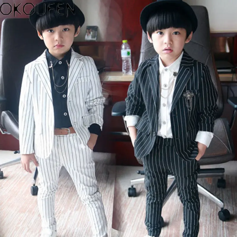 

2pcs Kids Baby Boys Gentleman Blazers Formal Striped Coat+Pants Wedding Clothes