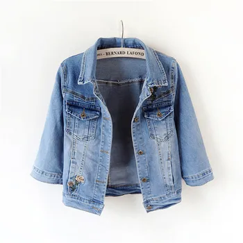 

Spring Autumn Women Short Coat Tops Casual Flowers Embroidery Denim Jacket Female Three Quarter Sleeve Basic Jean Outerwear S522