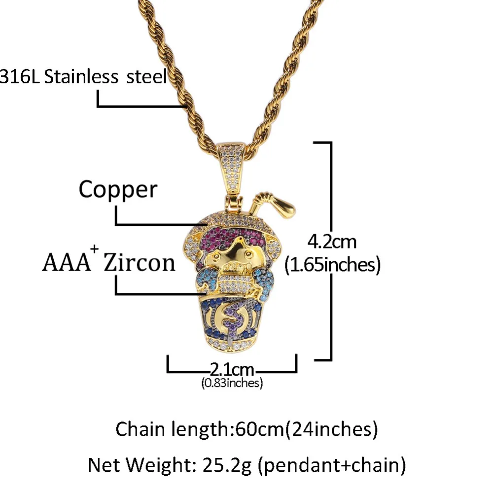 Хип хоп микро проложили многоцветный AAA CZ камень Bling Iced Out мультфильм напиток подвески в форме чашки Ожерелье Мужчины рэппер ювелирные изделия золото серебро
