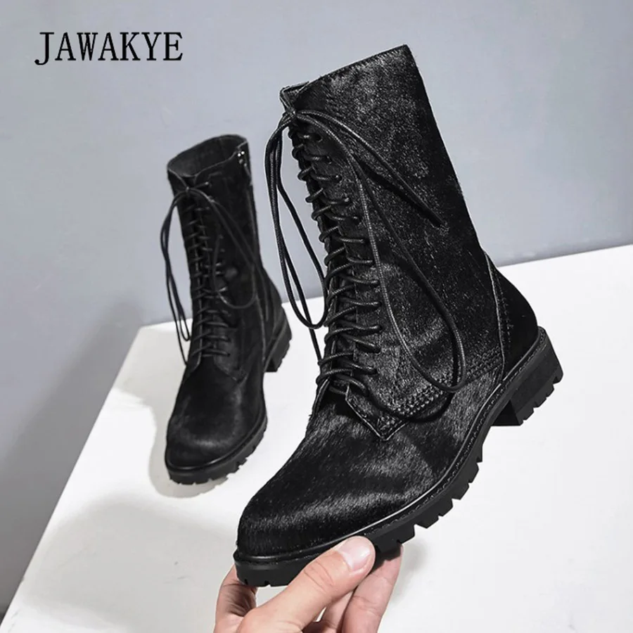 Martin Inside black Chaussures Black Bottes Lacent Sexy Bout Jawakye Botas Crin Largas Plush Femmes Rond Haute Qualité D'hiver Noir Leather Plat Inside Cheville Ht4w6R