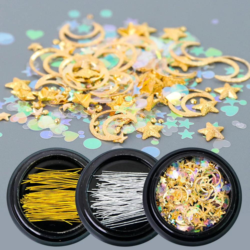 1 Bottle Metal Moon Star Strip Nail Glitter Flakes Sequins Gold Silver DIY Shape Polish Tips Nail Art Decorations Manicure SA682