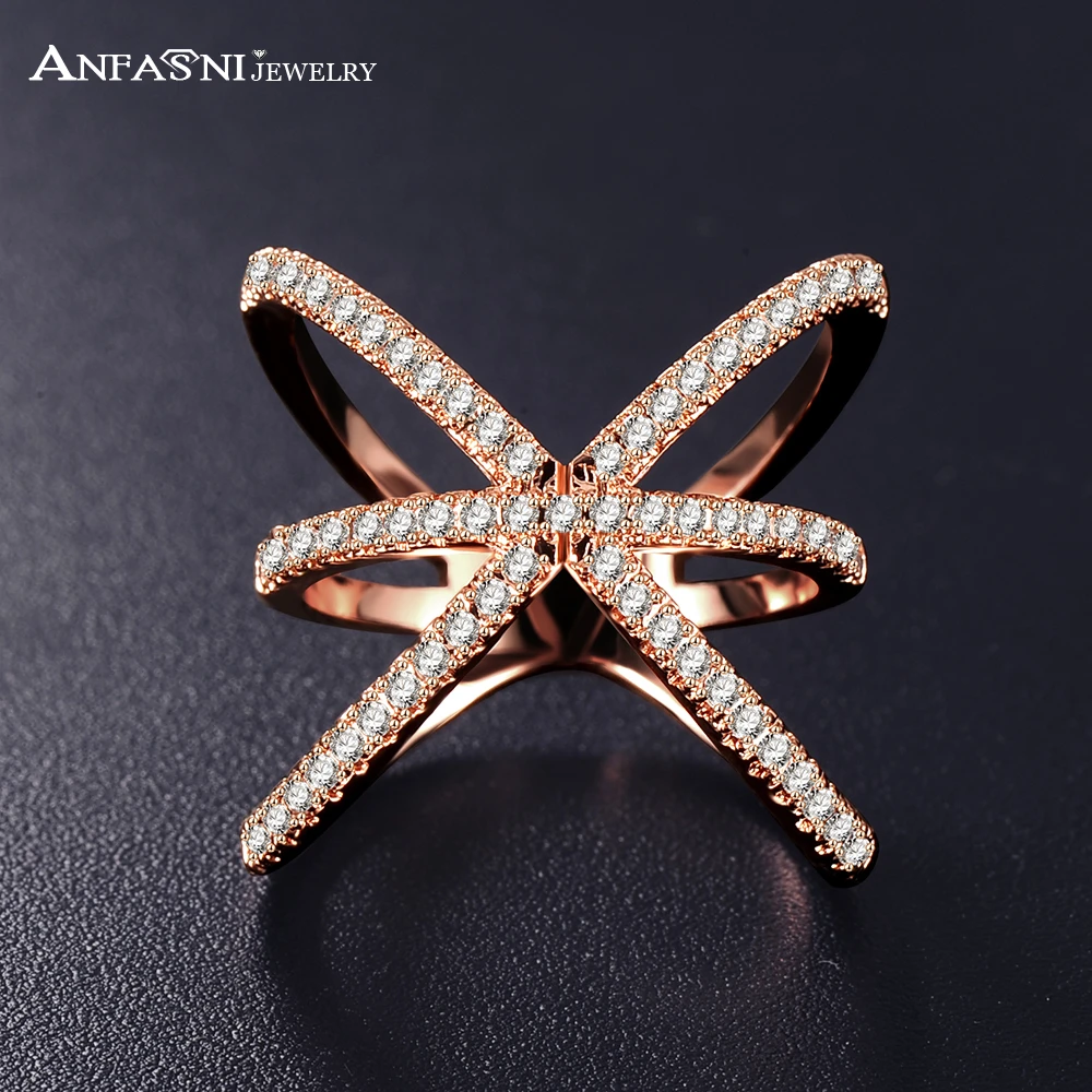 

ANFASNI Trendy Rose Golden Color Ring X Shape Cross Rings with Micro Paved Cubic Zirconia Rings For Women Bague Femme CRI1051