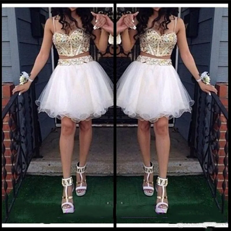Gold Beaded White Tulle Spaghetti strap Prom Dress Sweetheart 2 Piece