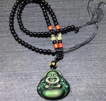 

Natural obsidian double color laughing Buddha pendant lucky anti-small domineering wild men and women necklace o12#