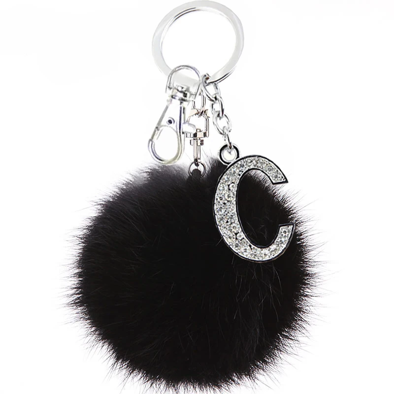 

5 Style Fluffy Black Pompom Faux Rabbit Fur Ball Keychain Crystal Letters Key Rings Key Holder Trendy Jewelry Bag Ornaments Gift