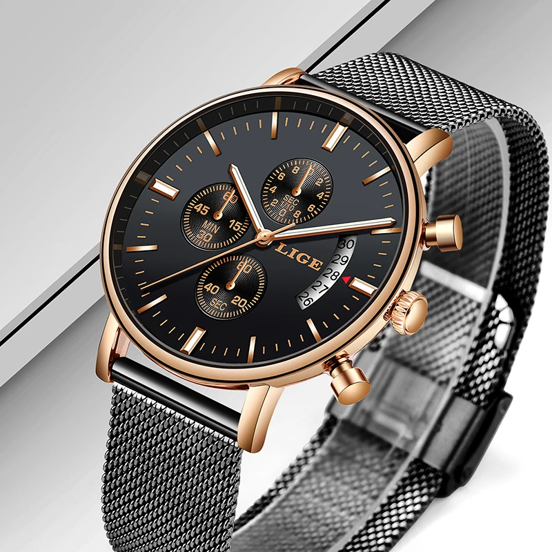 

LIGE New Mens Watches Casual Fashion Watch Men Net with Waterproof Chronograph Watch Quartz Wristwatch Relogio Masculino