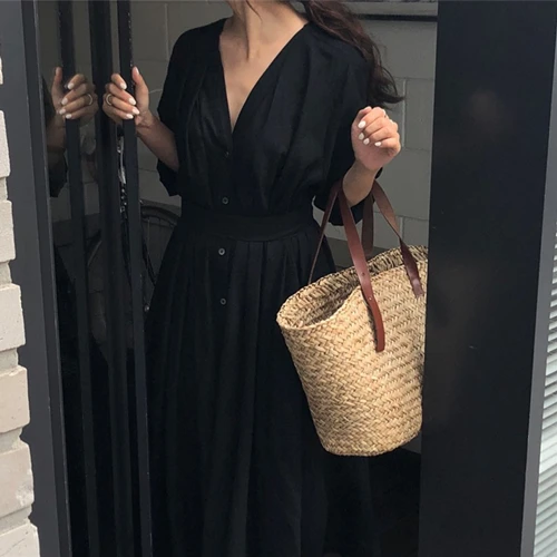 2021 Spring Summer Women Dress Vintage Elegant A-Line Fold Pleated Big Hem Bottoms Lace Up V-Neck Wrist Long Dress DR1086 6