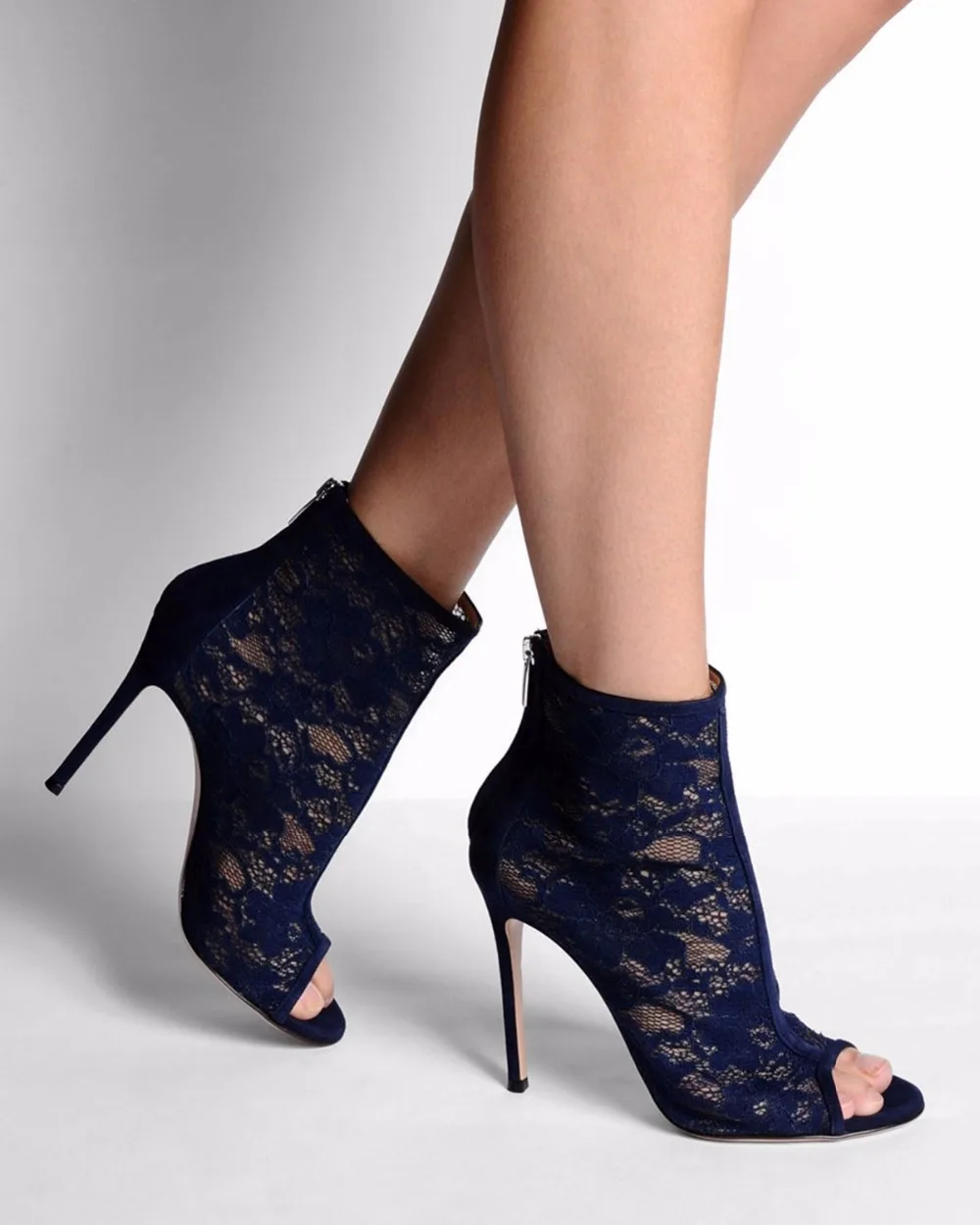 Peep toe high thin heel beautiful dark blue lace zipper women sandals ...