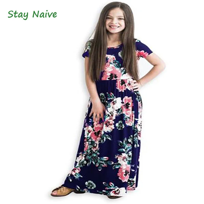 

StayNaive Long Dress Fashion Bohemian Dress Girl Short Sleeve Floral Summer Maxi Dress Kid Party Princess Dress