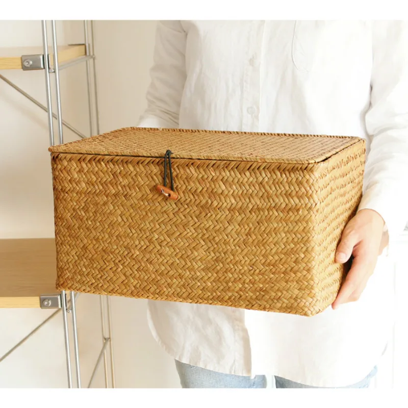 Handmade Seagrass Woven Storage Box Seaweed Storage Finishing Basket with Lid Sundry Bath Cosmetic Towel Container mx01161829