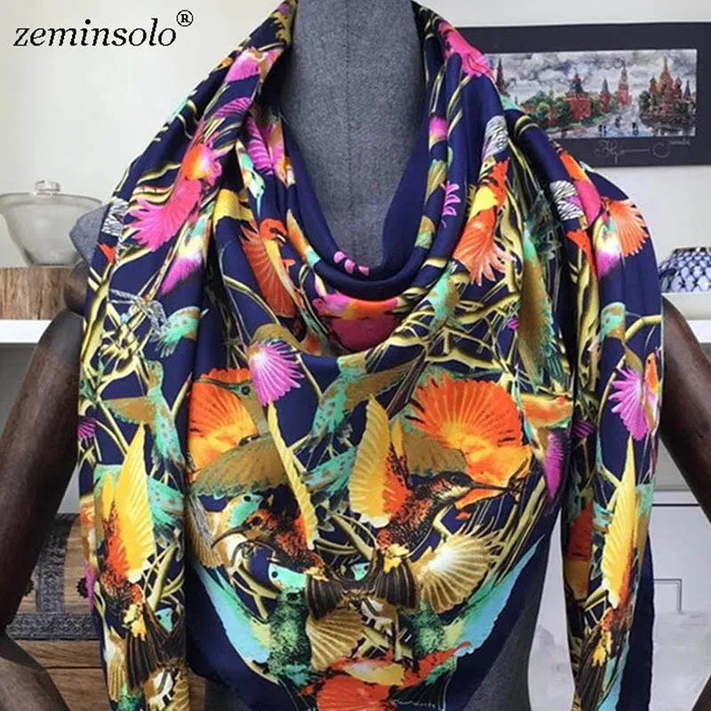 130*130 см роскошный брендовый шарф бандана шали с принтом птицы женский саржевый шелковый шарф квадратные шарфы хиджаб повязка на голову - Цвет: Тёмно-синий