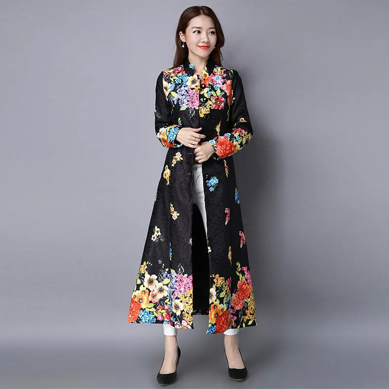 

Long Sleeve Cardigan Ethnic Style New 2019 Autumn Trench Coat Vestido Retro Print Long Coat Female Fashion Slim Windbreaker f376