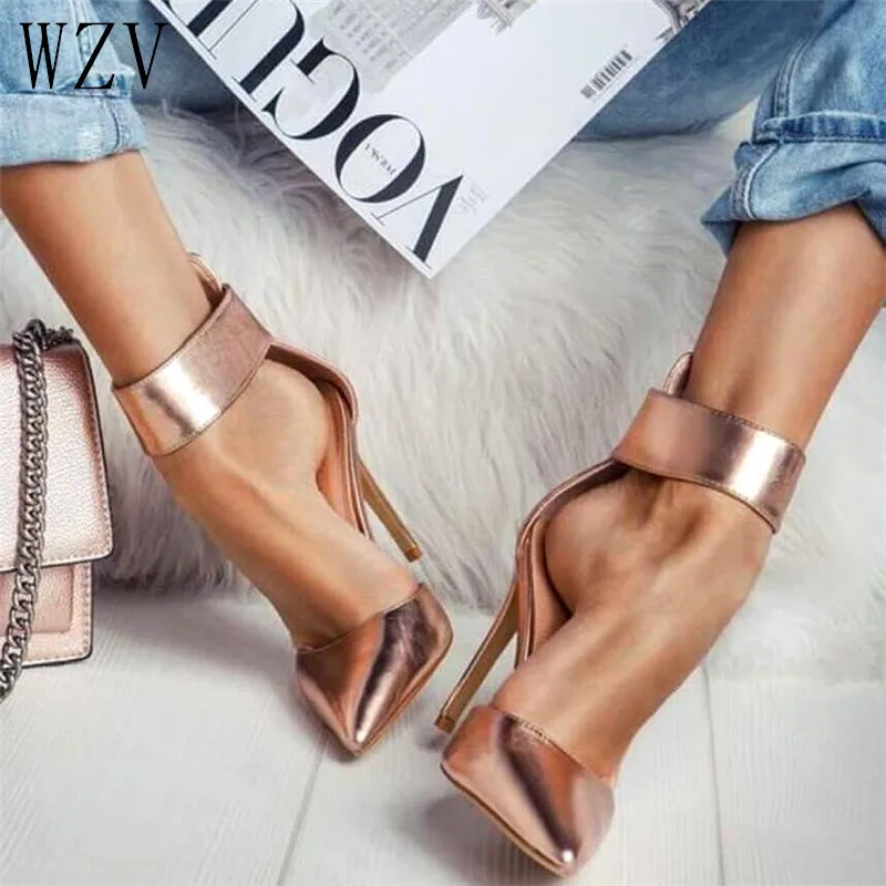 

Women High Heels Brand Pumps Women Shoes Pointed Toe Buckle Strap Glisten Golden Summer Sexy Party Shoes Woman H402