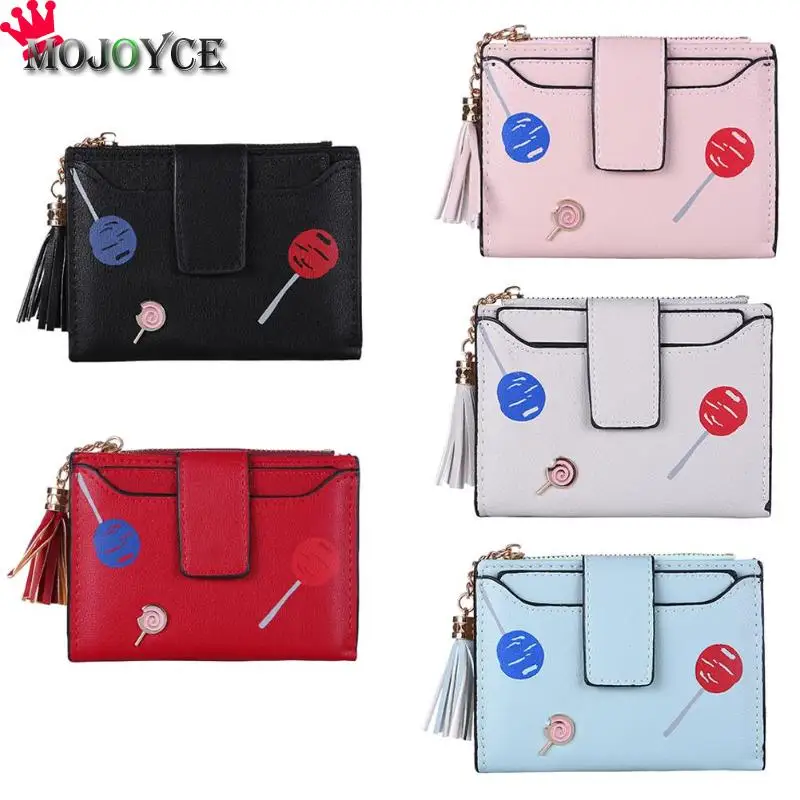 

New Cute Printed Women Bifold Wallets PU Tassels Card Holder Short Clutch Purse Lady Lollipop Candy Printed Small Coin Purse