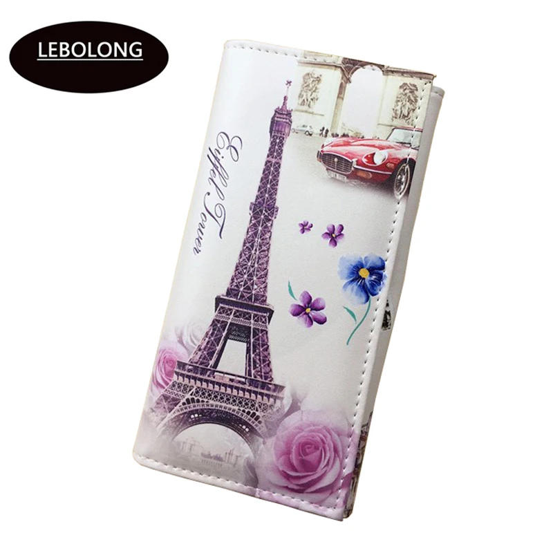 

2019 New Women Long Wallet PU leather Paris Flags Eiffel Tower Style Lady Coin Purses Clutch Wallets Money Bags Hasp notecase