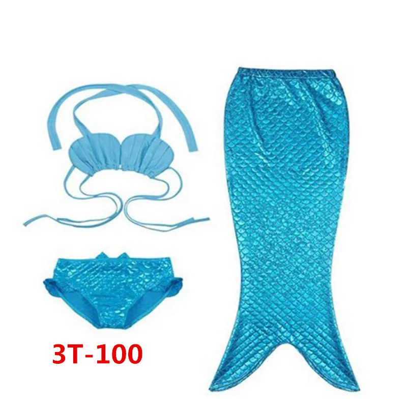 Детский купальный костюм с хвостом русалки для девочек, 3 предмета раздельный купальник, костюм для плавания, бикини, купальный костюм, одежда От 3 до 12 лет - Цвет: blue 100